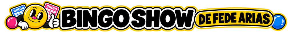 Logo colorido de 'Bingo Show de Fede Arias' con un emoticono sonriente y elementos de juego como tarjetas y bolitas.