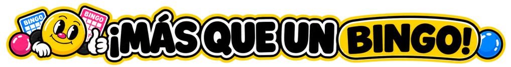 Logotipo colorido de bingo con un emoji sonriente, tarjetas de bingo y la frase '¡Más que un bingo!'