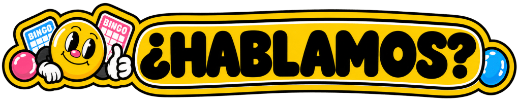 Logo colorido con un emoticono sonriente y el texto '¿Hablamos?' en letras grandes y llamativas, junto a tarjetas de bingo.