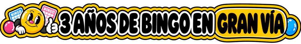 Logotipo colorido que celebra 3 años de bingo en Gran Vía, con un emoticono sonriente y tarjetas de bingo.